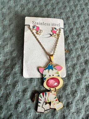 Kids Cute Zebra Pendant Necklace and Earring Set - Pink & Multicolor